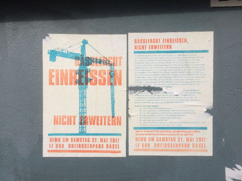 Demo-Plakat «Bässlergut einreissen, nicht erweitern», Basel St. Johann – {source?html}