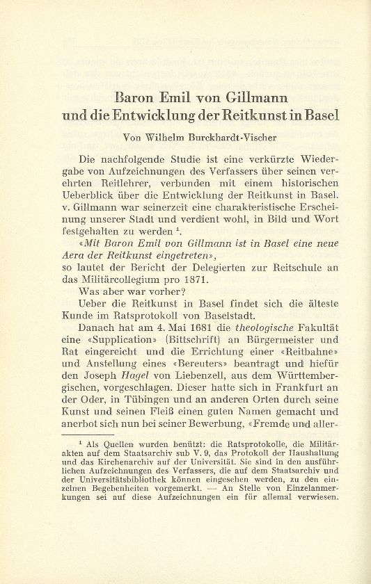 Baron Emil von Gillmann und die Entwicklung der Reitkunst in Basel – Seite 1