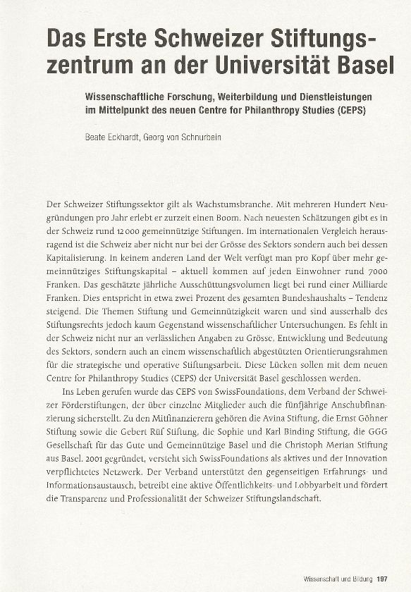 Das Erste Schweizer Stiftungszentrum an der Universität Basel – Seite 1
