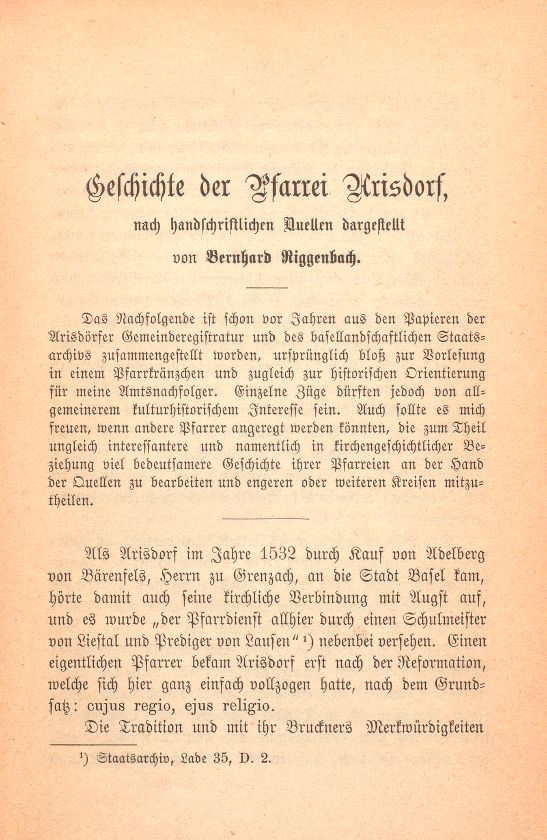 Geschichte der Pfarrei Arisdorf, nach handschriftlichen Quellen dargestellt – Seite 1