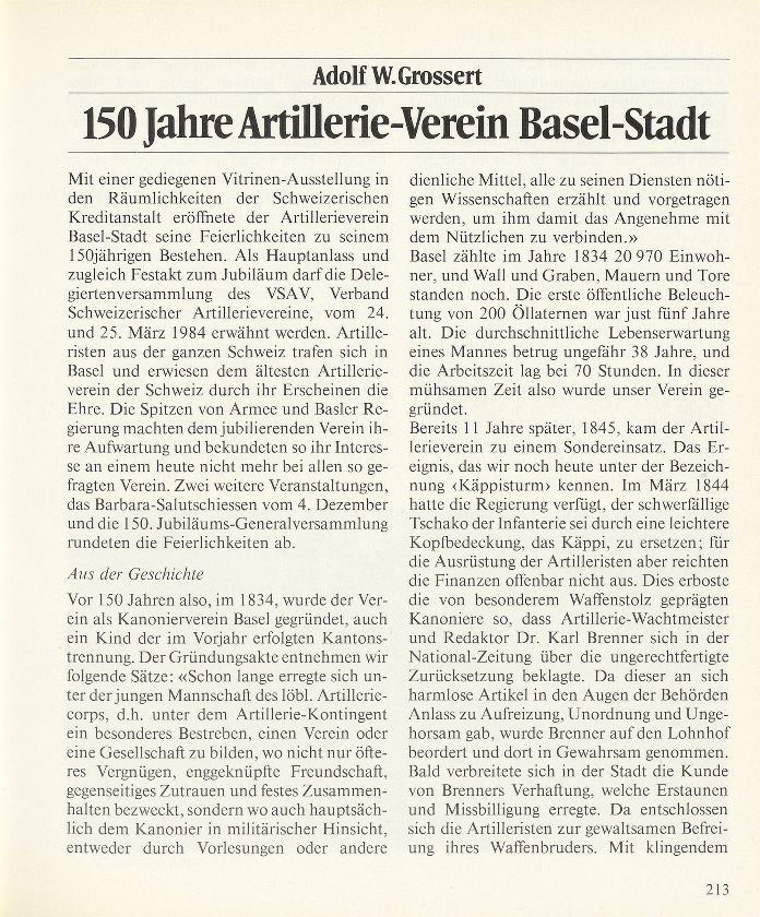 150 Jahre Artillerie-Verein Basel-Stadt – Seite 1