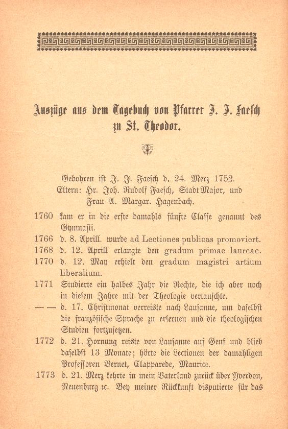 Auszüge aus dem Tagebuch von Pfarrer Johann Jakob Faesch zu St. Theodor – Seite 1