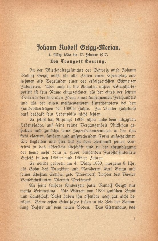 Johann Rudolf Geigy-Merian. 4. März 1830 bis 17. Februar 1917 – Seite 1