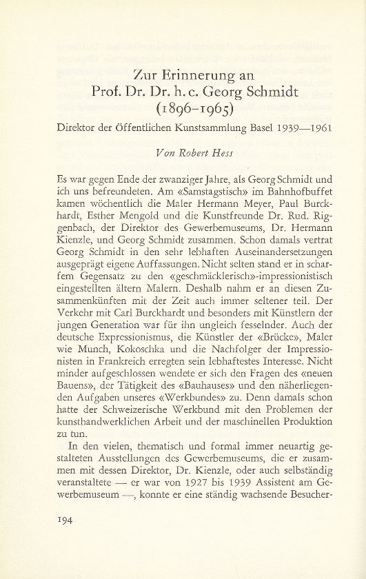 Zur Erinnerung an Prof. Dr. Dr. h.c. Georg Schmidt (1896-1965), Direktor der Öffentlichen Kunstsammlung Basel 1939-1961 – Seite 1