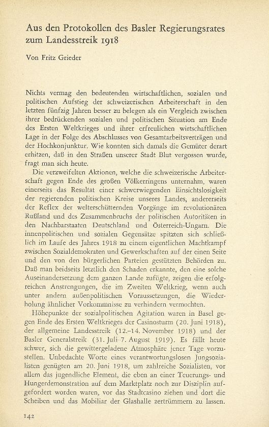 Aus den Protokollen des Basler Regierungsrates zum Landesstreik 1918 – Seite 1