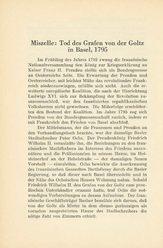 Miszelle: Tod des Grafen von der Goltz in Basel 1795 – Seite 1
