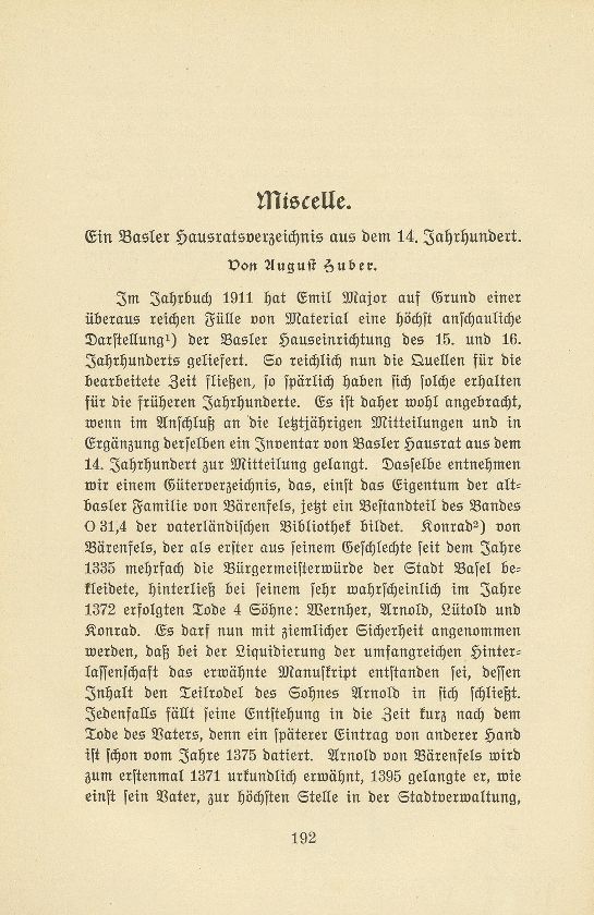 Miscelle: Ein Basler Hausratsverzeichnis aus dem 14. Jahrhundert – Seite 1