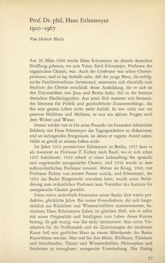 Prof. Dr. phil. Hans Erlenmeyer 1900-1967 – Seite 1