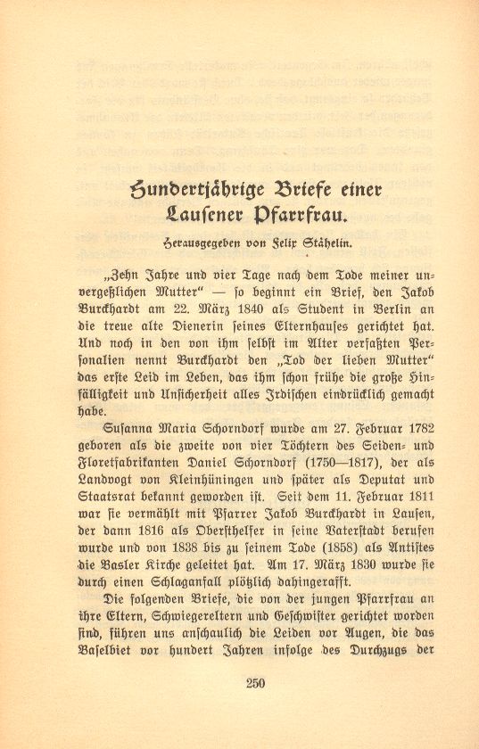 Hundertjährige Briefe einer Lausener Pfarrfrau [Susanna Maria Burckhardt-Schorndorf] – Seite 1