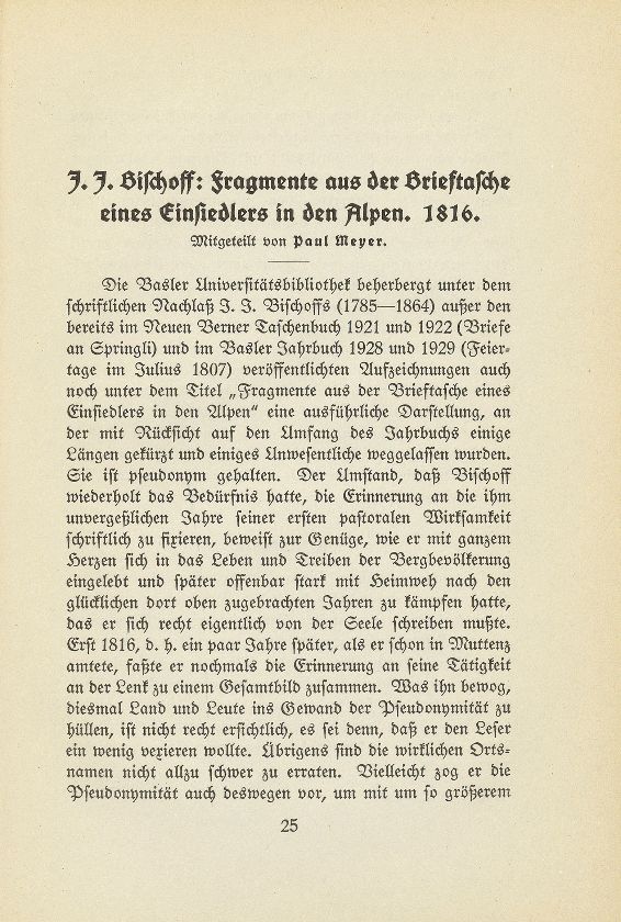 J.J. Bischoff: Fragmente aus der Brieftasche eines Einsiedlers in den Alpen. 1816 – Seite 1
