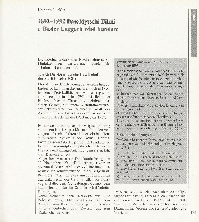 1892-1992 Baseldytschi Bihni – e Basler Läggerli wird hundert – Seite 1