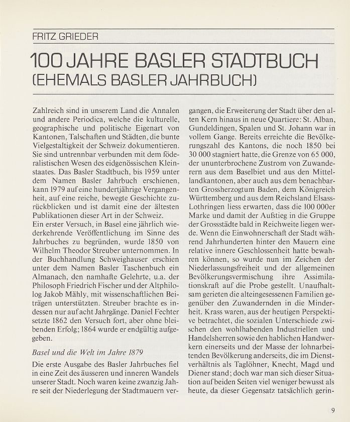 100 Jahre Basler Stadtbuch (ehemals Basler Jahrbuch) – Seite 1