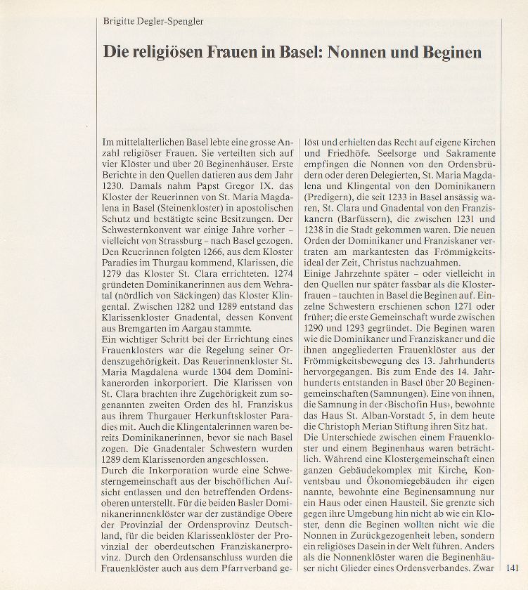 Die religiösen Frauen in Basel: Nonnen und Beginen – Seite 1