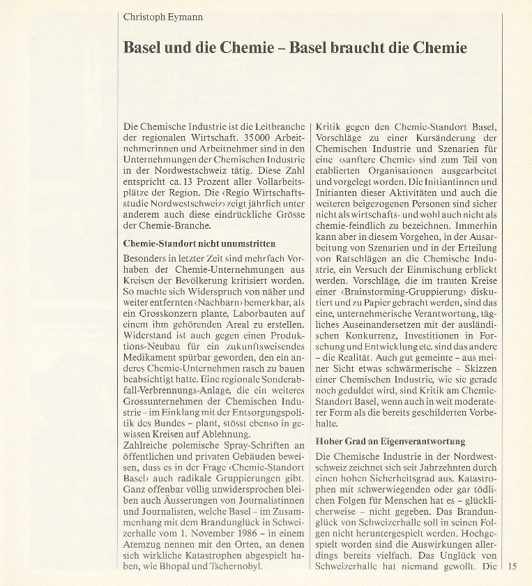 Basel und die Chemie – Basel braucht die Chemie – Seite 1