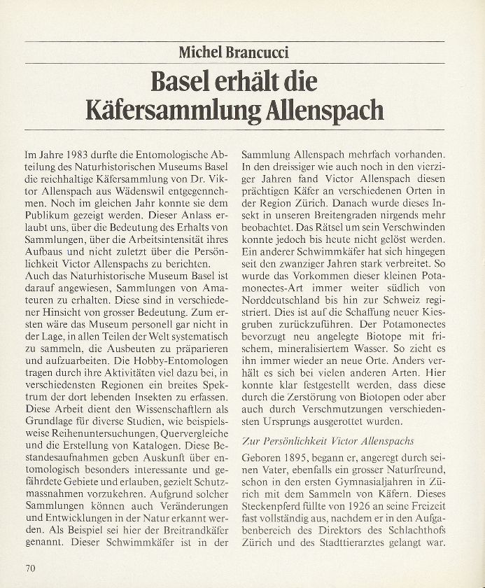 Basel erhält die Käfersammlung Allenspach – Seite 1