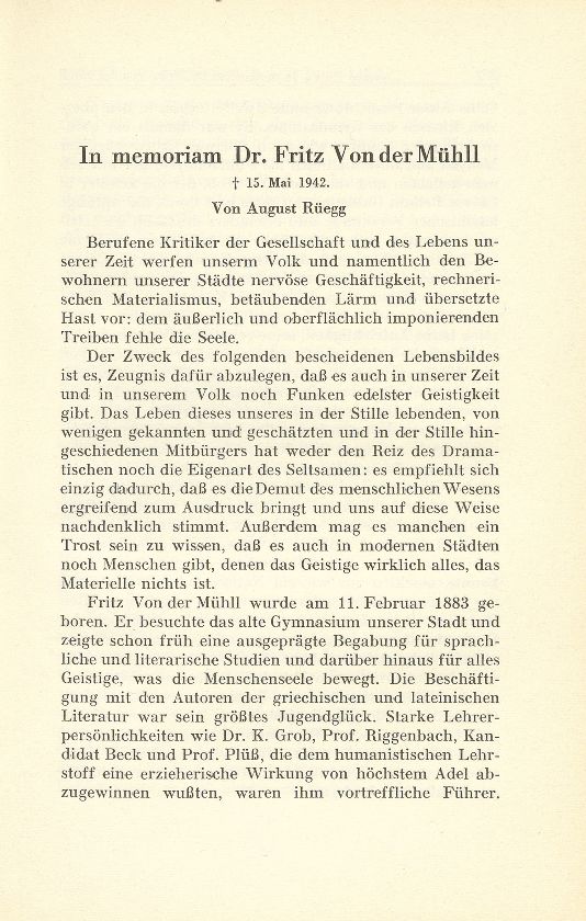 In memoriam Dr. Fritz Von der Mühll † 15. Mai 1942 – Seite 1