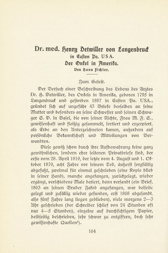 Dr. med. Henry Detwiller von Langenbruck in Easton Pa. U.S.A – Seite 1