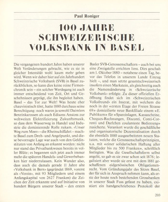 100 Jahre Schweizerische Volksbank in Basel – Seite 1
