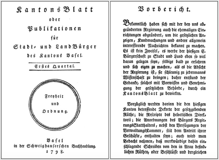 Erste gedruckte Ausgabe des Kantonsblattes, 18. Mai 1798 – {source?html}