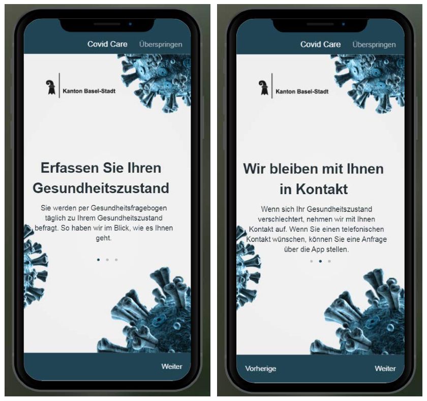 ‹COVID Care App› des Kantons Basel-Stadt (Screenshots) – {source?html}