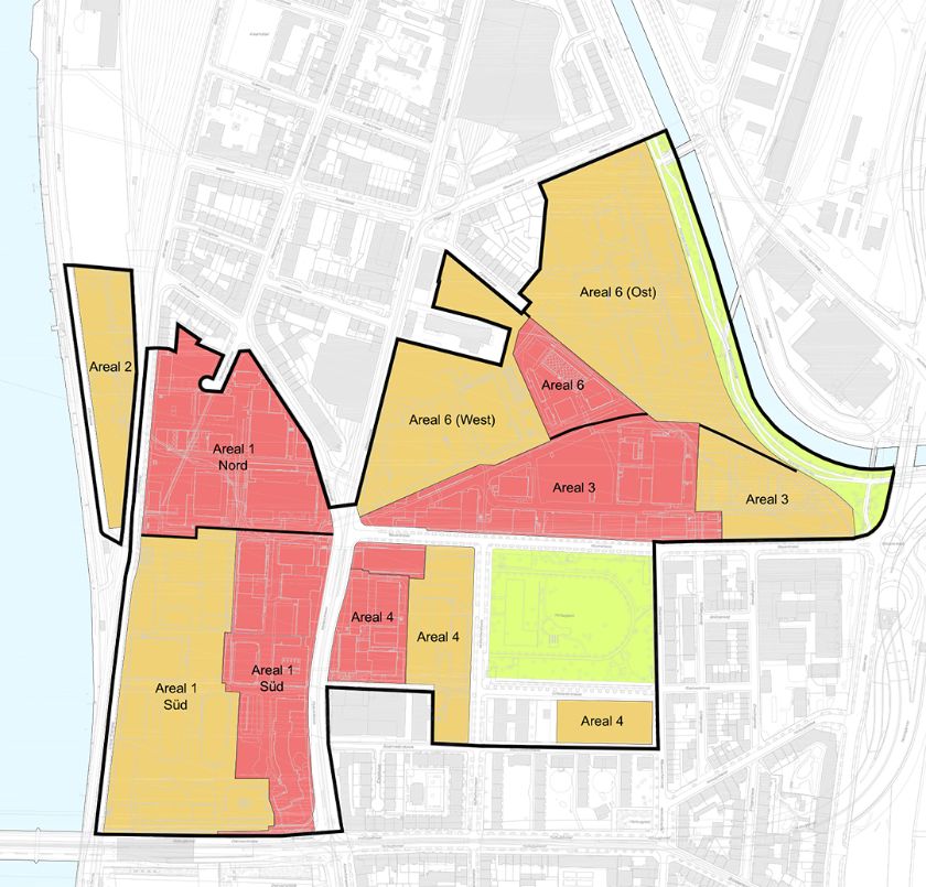 Werkareale von BASF (rot) und von Novartis (gelb) sowie die angrenzenden öffentlichen Grün- und Freiräume bilden zusammen das Planungsgebiet von klybeckplus – {source?html}