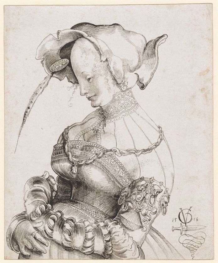 Urs Graf, «Dirne in halber Figur», 1518, Feder in Schwarz, 25,6×21 cm  – {source?html}
