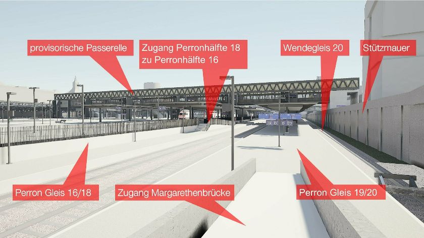 Neues Perron Gleis 19/20 von der Margarethenbrücke Richtung Bahnhof gesehen  – {source?html}