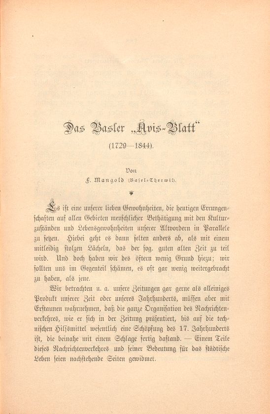 Das Basler ‹Avis-Blatt› (1729-1844) – Seite 1