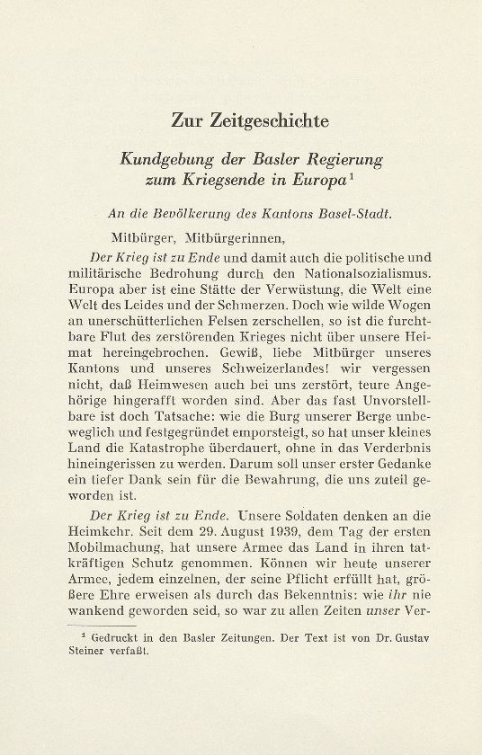 Zur Zeitgeschichte. Kundgebung der Basler Regierung zum Kriegsende in Europa – Seite 1