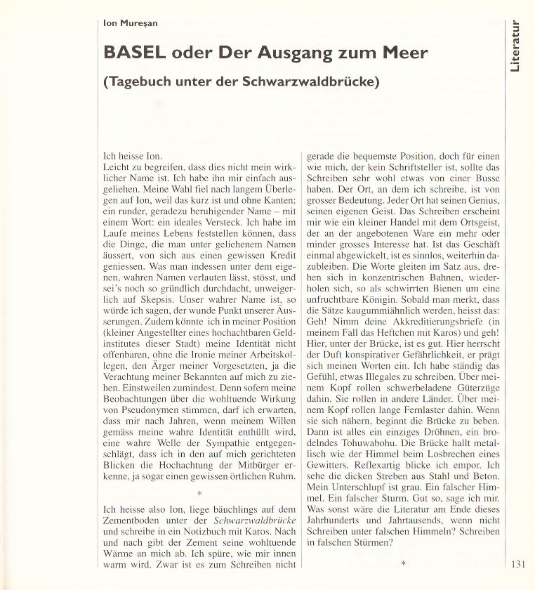 BASEL oder Der Ausgang zum Meer. (Tagebuch unter der Schwarzwaldbrücke) – Seite 1