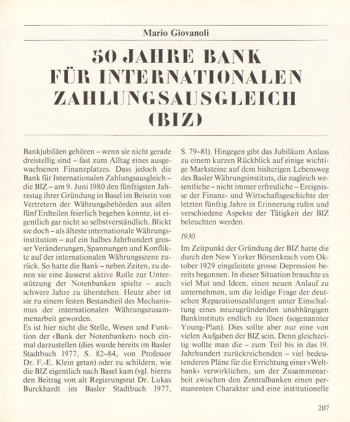 50 Jahre Bank für Internationalen Zahlungsausgleich (BIZ) – Seite 1