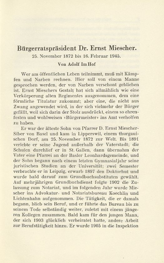 Bürgerratspräsident Dr. Ernst Miescher. 25. November 1872 bis 16. Februar 1945 – Seite 1