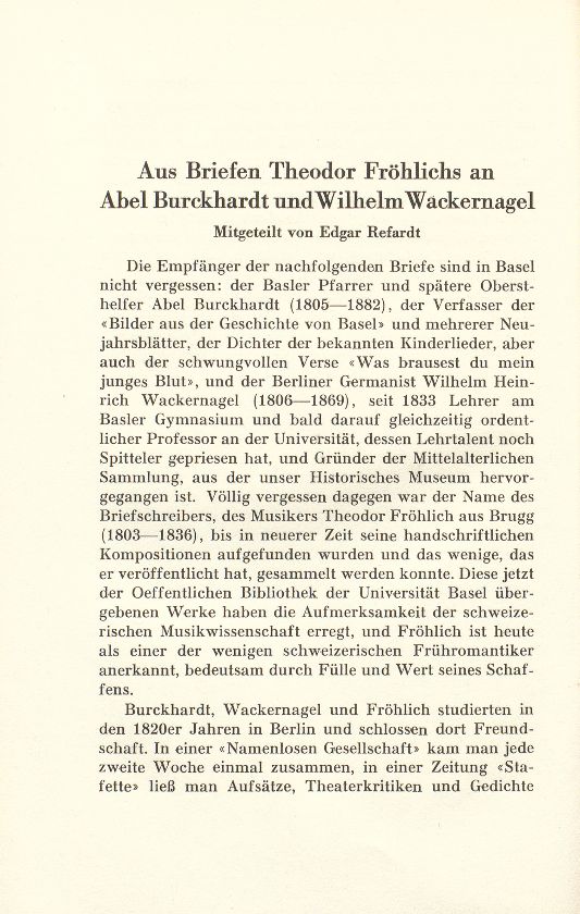 Aus Briefen Theodor Fröhlichs an Abel Burckhardt und Wilhelm Wackernagel – Seite 1