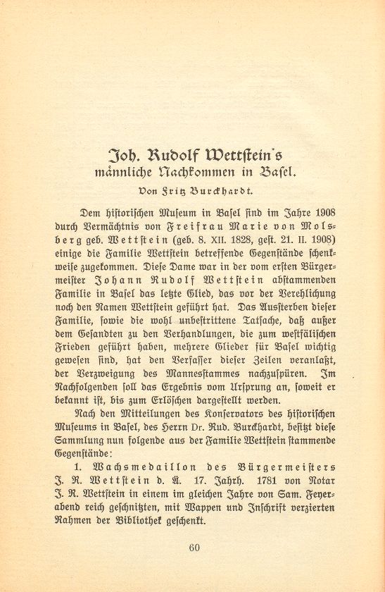 Johann Rudolf Wettstein's männliche Nachkommen in Basel – Seite 1