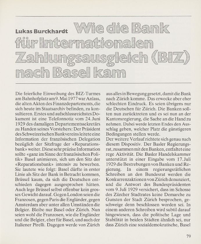 Wie die Bank für Internationalen Zahlungsausgleich (BIZ) nach Basel kam – Seite 1