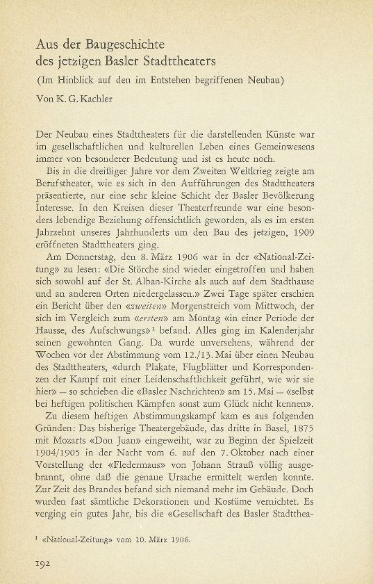 Aus der Baugeschichte des jetzigen Basler Stadttheaters. (Im Hinblick auf den im Entstehen begriffenen Neubau) – Seite 1