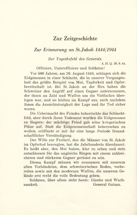 Zur Zeitgeschichte: 1. Zur Erinnerung an St. Jakob 1444/1944. Der Tagesbefehl des Generals – Seite 1