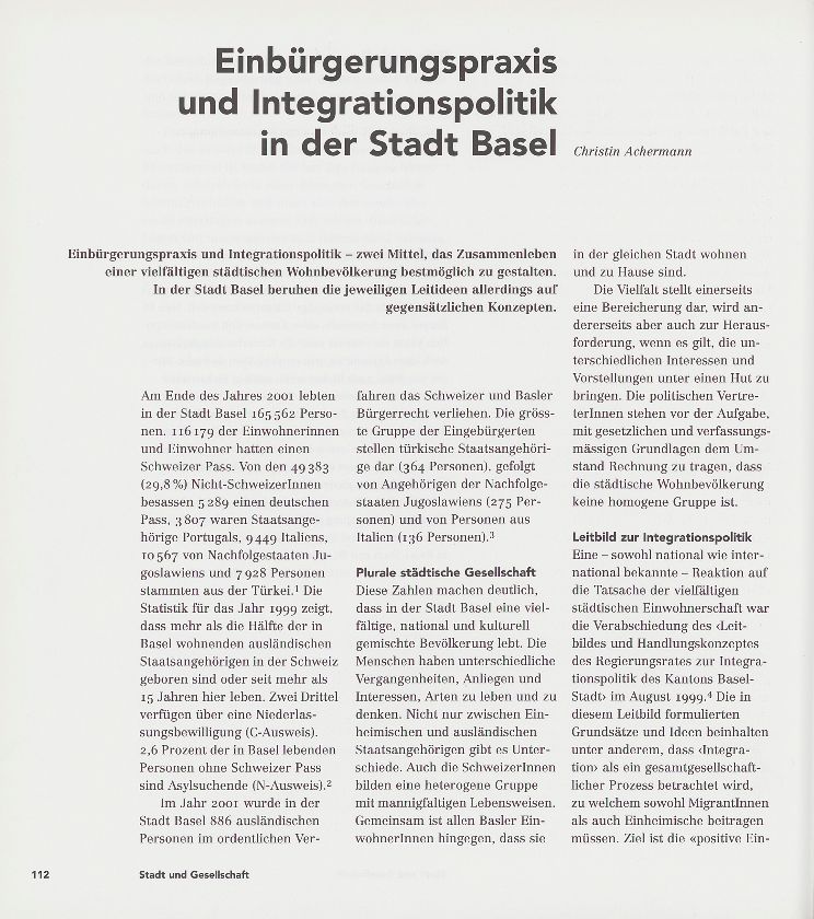 Einbürgerungspraxis und Intergrationspolitik in der Stadt Basel – Seite 1