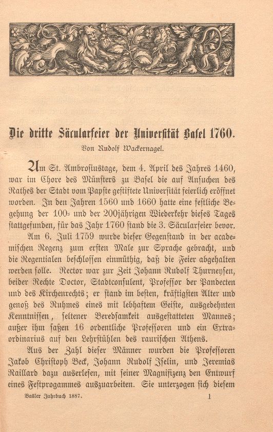 Die dritte Säcularfeier der Universität Basel 1760 – Seite 1