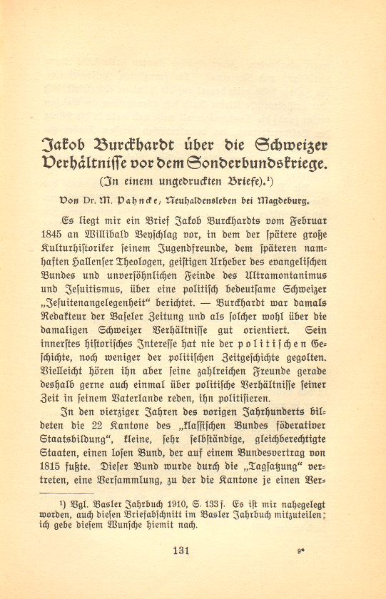 Jakob Burckhardt über die Schweizer Verhältnisse vor dem Sonderbundskriege. (In einem ungedruckten Briefe.) – Seite 1