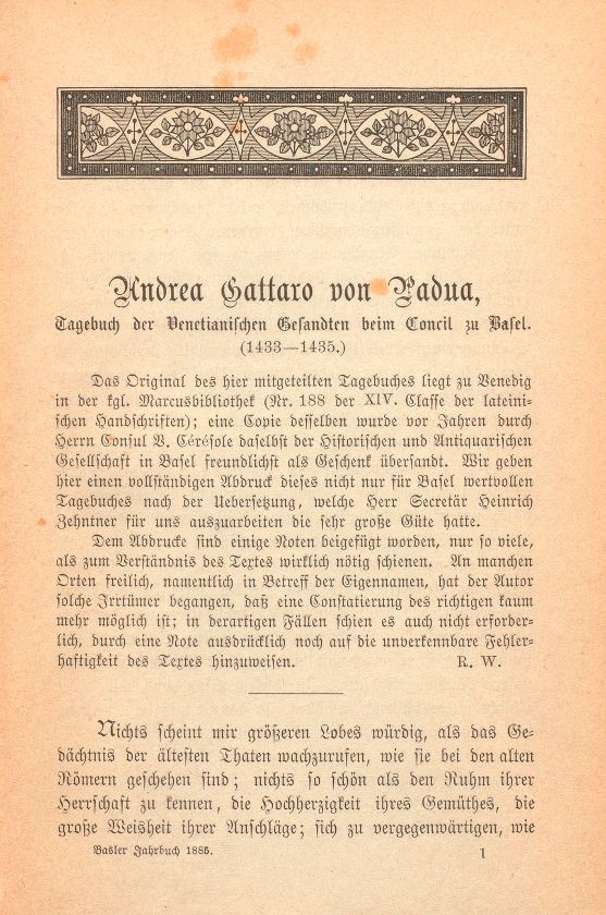 Andrea Gattaro von Padua, Tagebuch der Venetianischen Gesandten beim Concil zu Basel. (1433-1435.) – Seite 1
