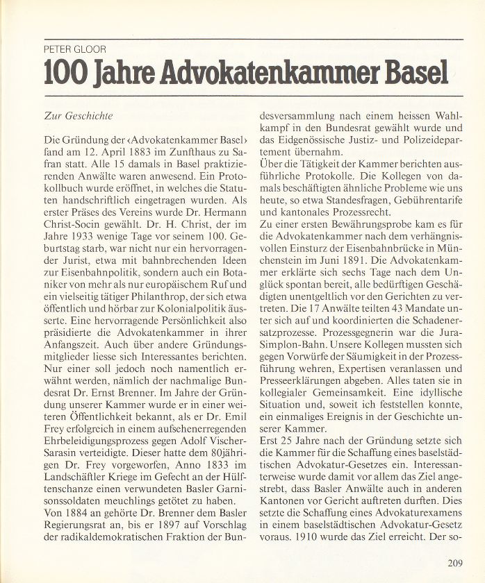 100 Jahre Advokatenkammer Basel – Seite 1