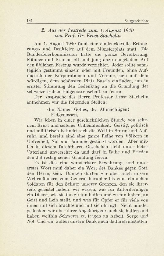 Zur Zeitgeschichte. 2. Aus der Festrede zum 1. August 1940 von Prof. Dr. Ernst Staehelin – Seite 1