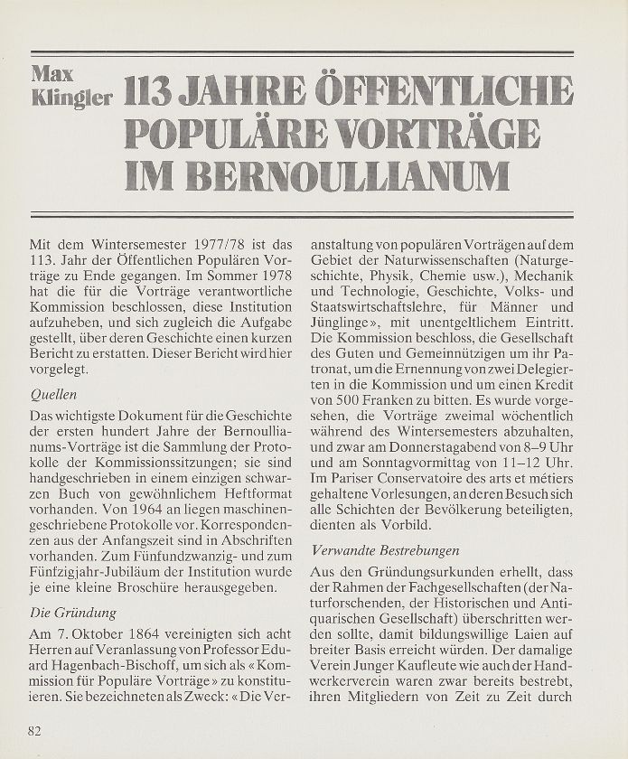 113 Jahre Öffentliche Populäre Vorträge im Bernoullianum – Seite 1