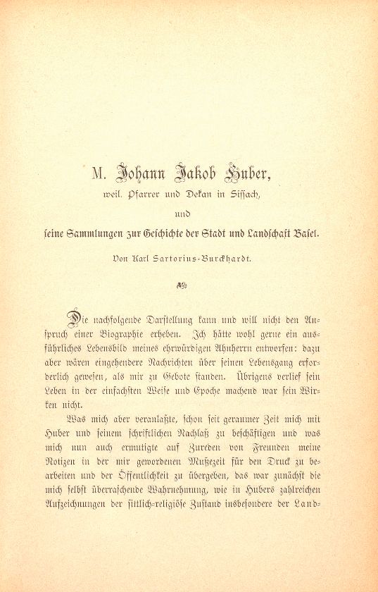 M. Johann Jakob Huber, weil. Pfarrer und Dekan in Sissach und seine Sammlungen zur Geschichte der Stadt und Landschaft Basel – Seite 1