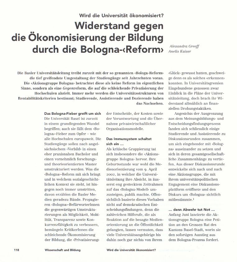 Widerstand gegen die Ökonomisierung der Bildung durch die Bologna- ‹Reform› – Seite 1