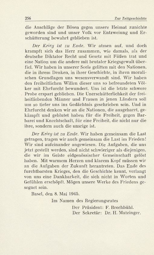 Zur Zeitgeschichte. Kundgebung der Basler Regierung zum Kriegsende in Europa – Seite 3