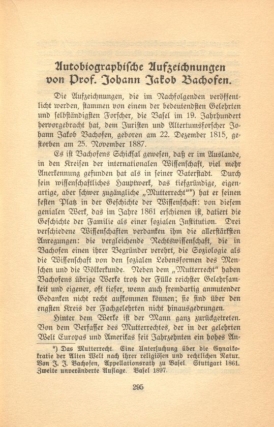 Autobiographische Aufzeichnungen von Prof. Johann Jakob Bachofen – Seite 1