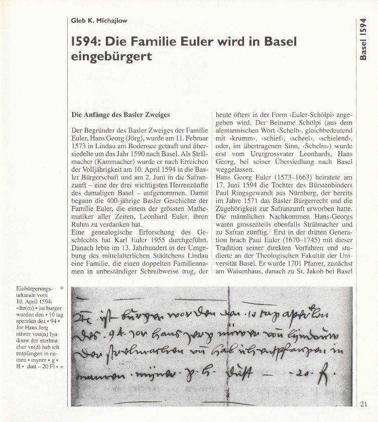 1594: Die Familie Euler wird in Basel eingebürgert – Seite 1