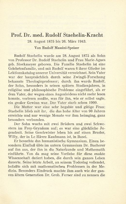 Prof. Rudolf Staehelin-Kracht 28. August 1875 bis 26. März 1943 – Seite 1